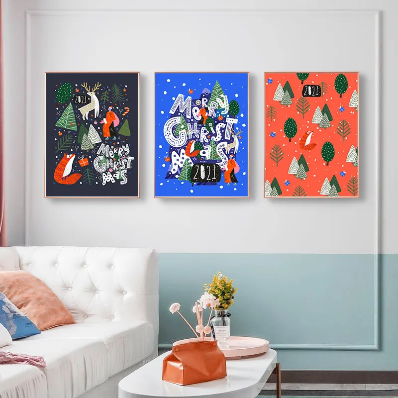 

2021 Merry Christmas Wall Art Canvas Painting Cartoon Animal Poster Print Pictures Christmas Decorations for Home Unique Gift