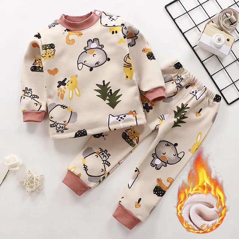 New 2021 Kids Boys Thicken Pajama Sets Cartoon O-Neck T-Shirt Tops with Pants Baby Girls Autumn Winter Warm Sleeping Clothes
