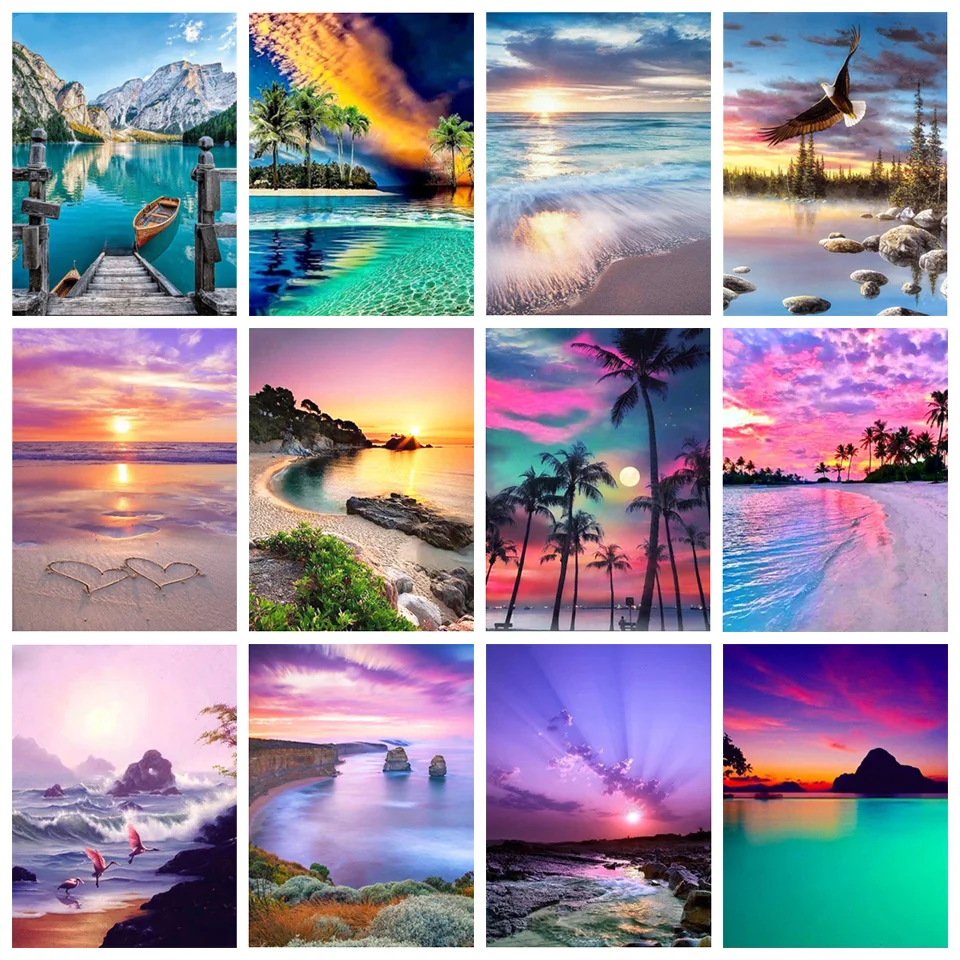 

Diamond painting diy cross stitch kit full circle diamond embroidery sunset beach rhinestone embroidery 5D mosaic decoration