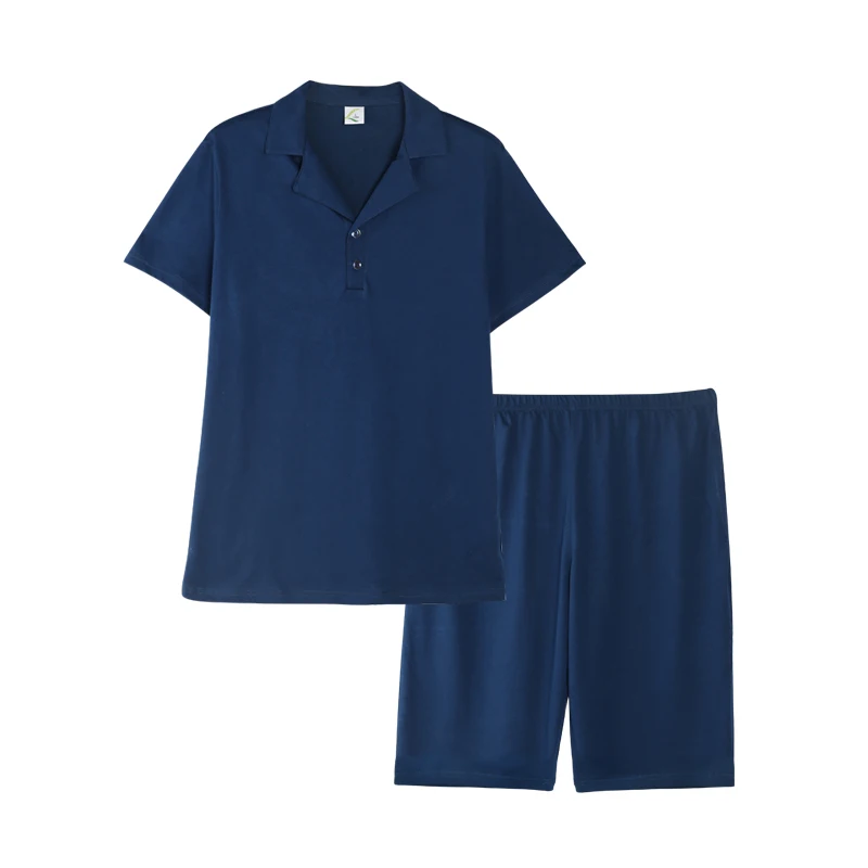 

Sleep Suit Men 2019 Summer Fashion Sleepwear Men 100% Cotton Pajama Men Set Short Sleeves Lapel Solid Navy Pyjamas Men Summer