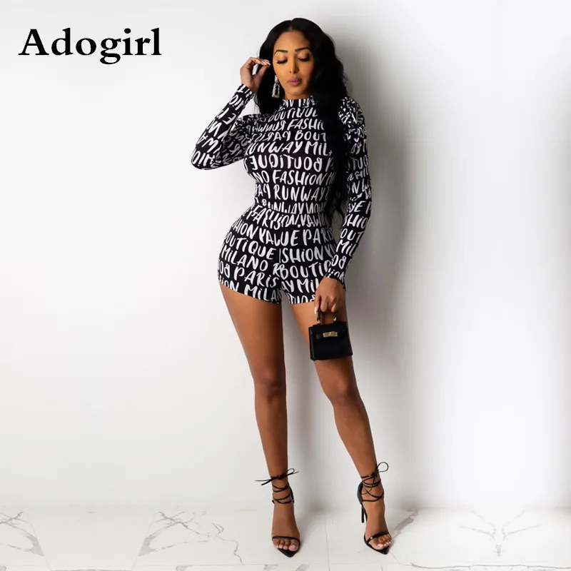 Женский Облегающий комбинезон с длинным рукавом Черный Модный буквенным