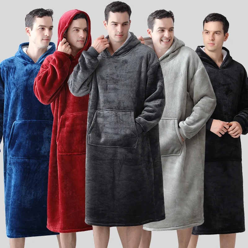 BALDAUREN 2 Layer TV Lazy Blanket Hooded Pullover Sweater 5 Colors Nightgown Men's Autumn And Winter Warm Pajamas Robe Home