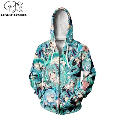 zip hoodies PLstar Cosmos/летние толстовки/рубашка/Толстовка для девочек с 3d изображением Хацунэ, хипстер, аниме, унисекс, топы Kawaai, милые пуловеры - Цвет: zip hoodies