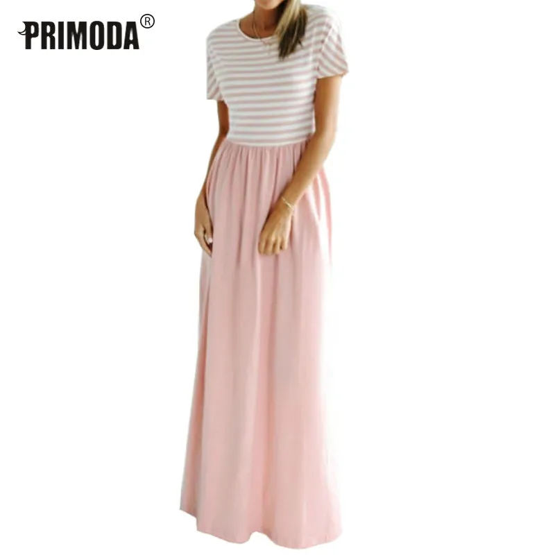 Женское длинное платье Boho летнее Полосатое Макси с коротким рукавом и круглым