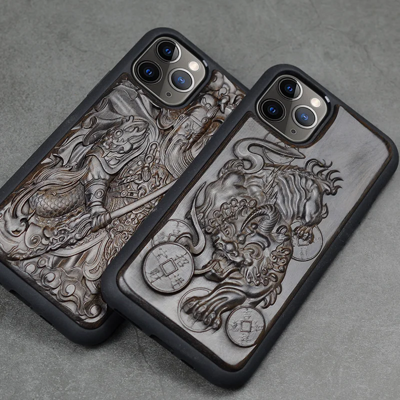 For IPhone 11 Pro Max Luxury Carved 3D Stereo Ebony Wood Case TPU Full Protective Back case Cases for |