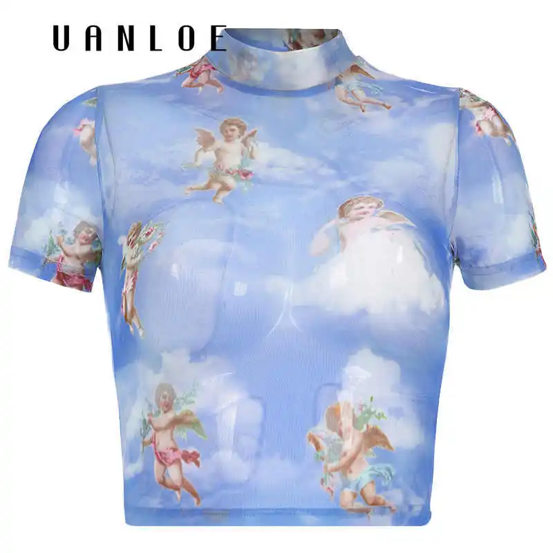 

Sexy Transparent Bodycon t shirt Women Angel Print Short Sleeve tshirt Summer Streetwear Cropped tee shirt femme Tops