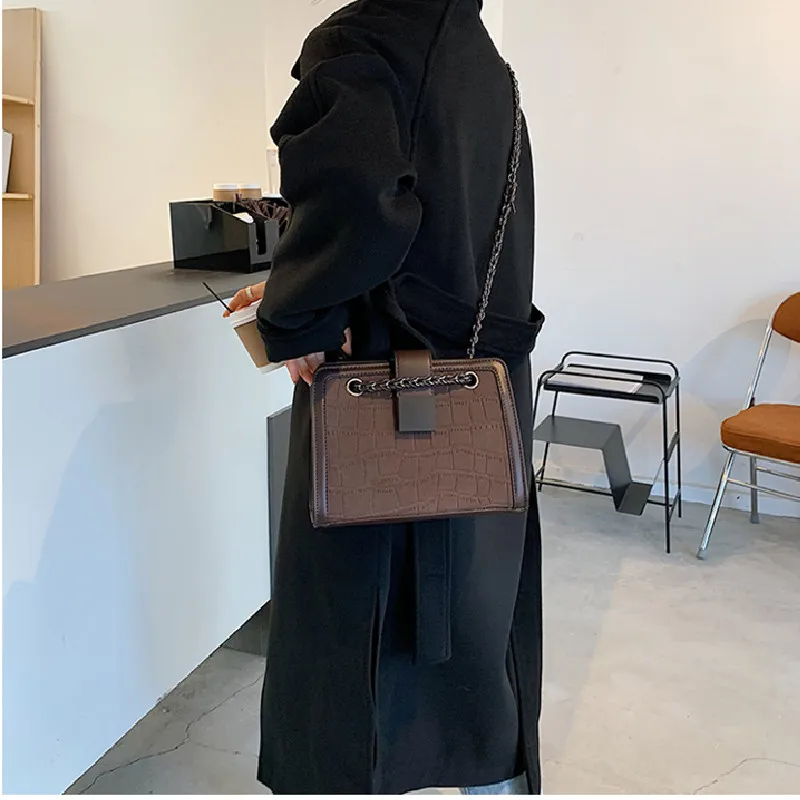 

women small vintage stone pattern flap chain one shoulder bag for female fashion daily commute black brown crossbody bag