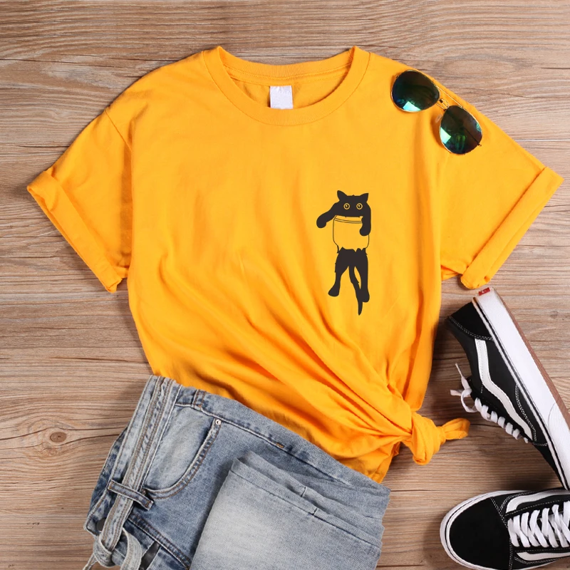 Футболка женская с графическим принтом кошки милая уличная одежда карманами