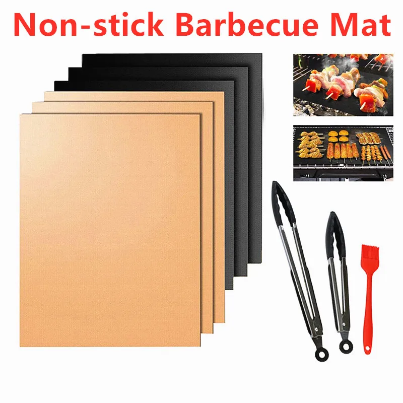 

1PC Non-stick Barbecue Mat Reusable Heat-Resistant BBQ Baking Pad Covers Foil Oilpaper With Food Clip Oil Brush BBQ Liner Tools
