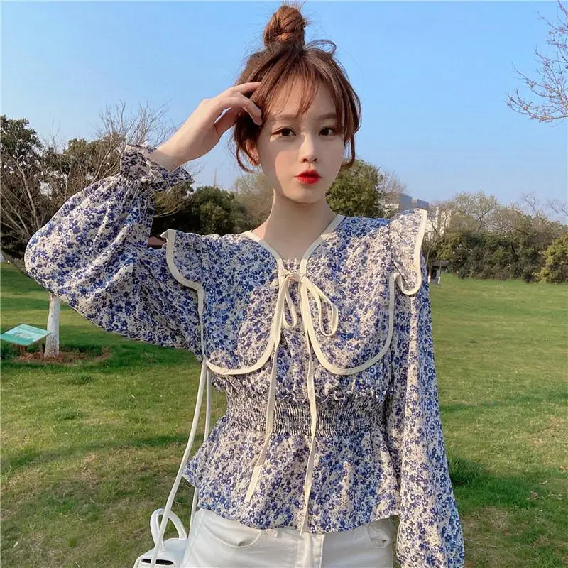 

Fashion Women Chiffon Shirts Long Sleeve Floral Ruffless Waist Corset Blouses Office Ladies Tops With Shawl
