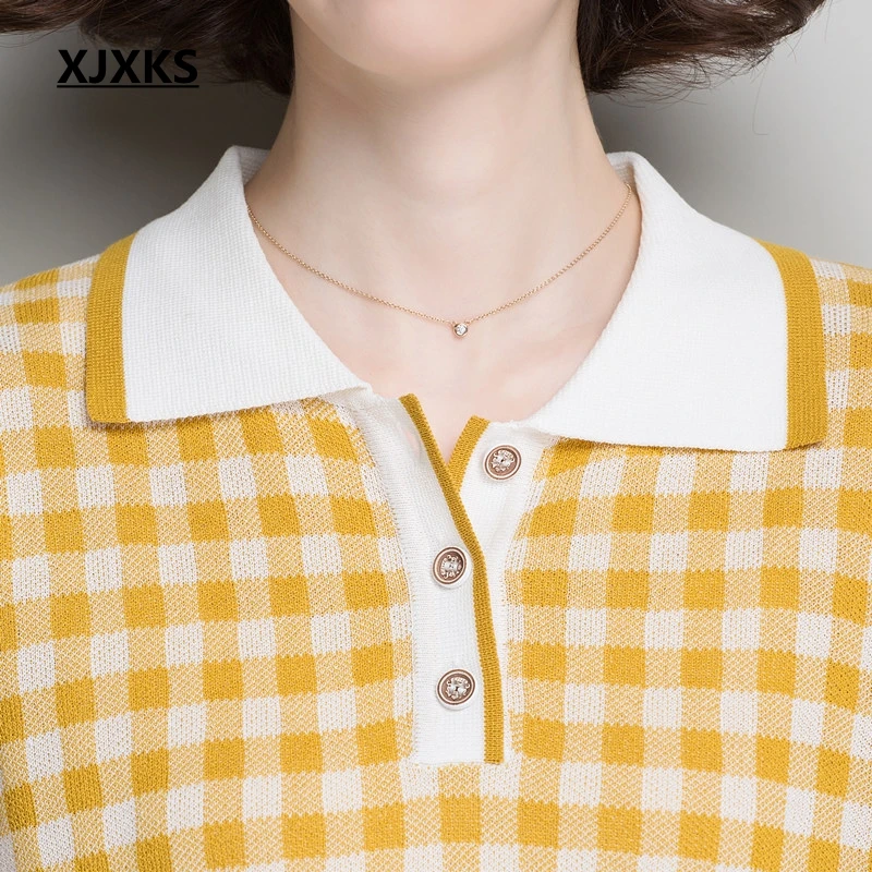 Женский свитер в клетку XJXKS повседневный трикотажный пуловер с отложным