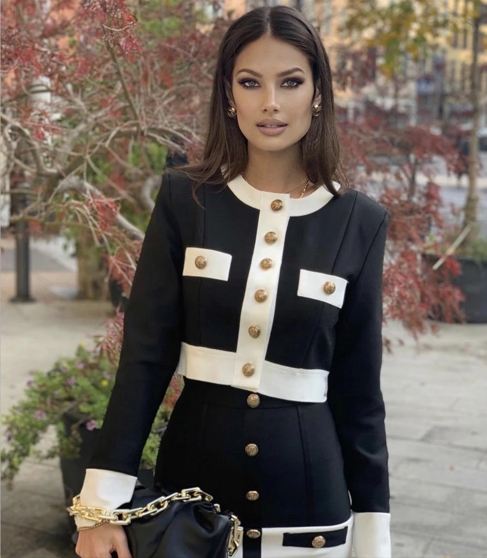 

Vero Sinly 2020 Winter Sexy Long Sleeve Patchwork Button Black White Two Pieces Bandage Set 2020 Celebrity Designer Women's Set