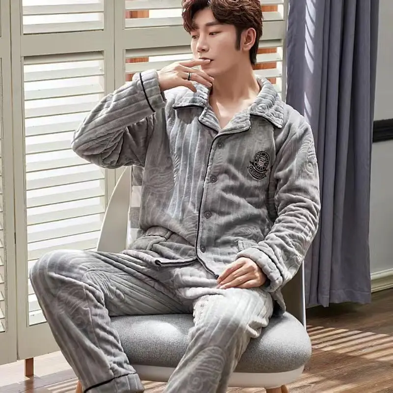 2 Pieces Winter Man Thicken Warm Soft Pajamas Female Flannel Pajamas Set Mujer Long Sleeve Sleepwear for Man Male Pyjamas