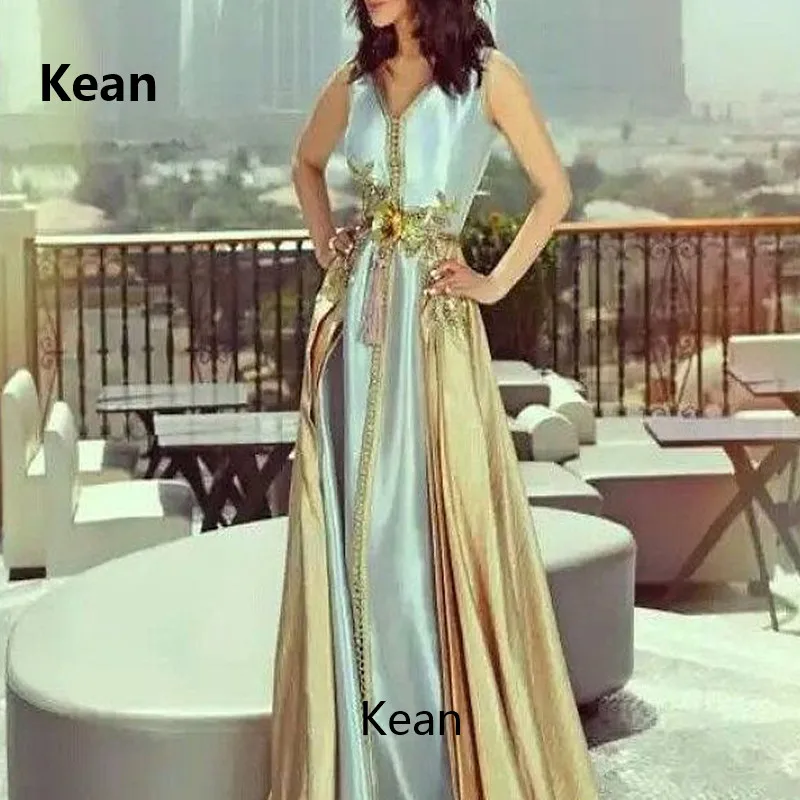 

Mint Green Moroccan Kaftan Muslim Evening Dress Sleeveless Gold Lace Islamic Dubai Kaftan Saudi Arabic Evening Gown Prom Dress