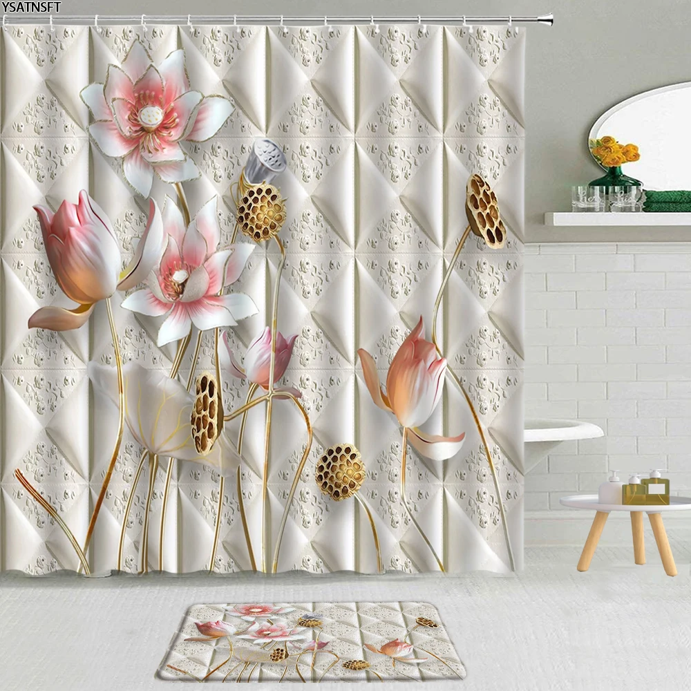

2Pcs Dream Rose Flower Pearl Swan Shower Curtain 3D Lotus Diamond Floral Butterfly Bathroom Non-Slip Bath Mat Curtains Set Decor
