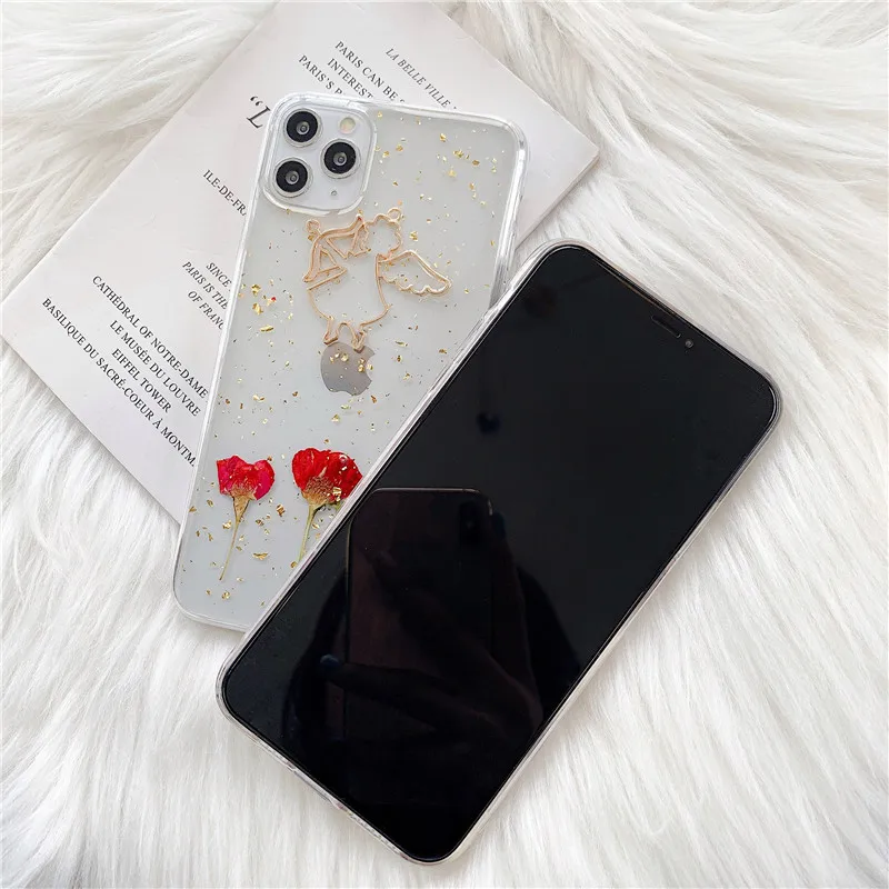 Luxury Glitter Gold Foil Angel Phone Case For iphone 11 Pro Max X XS XR 7 8 Plus Back Cover Fashion Dried Rose Cases Capa |