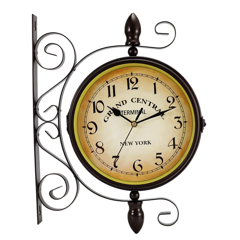 

Vintage Double Side 8inch Round Wall Colok European Antique Style Wrought Iron Spiral Clock Battery Powered Home Garden Decor