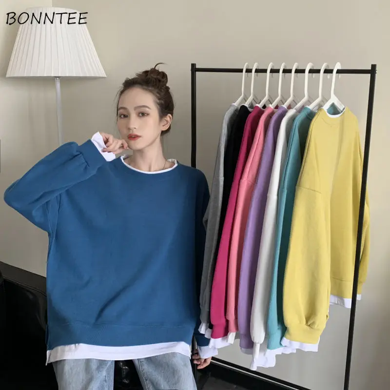 

Women No Hat Hoodies Plus Velvet Sweatshirts Fake Two Pieces Winter Loose Patchwork Sweet Girls Tops All-match Pullover Simple
