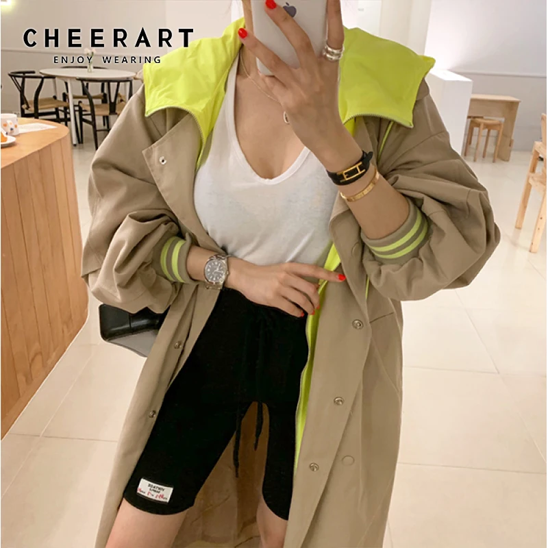 CHEERART плащ с капюшоном для женщин Корейский хаки длинное пальто Женский