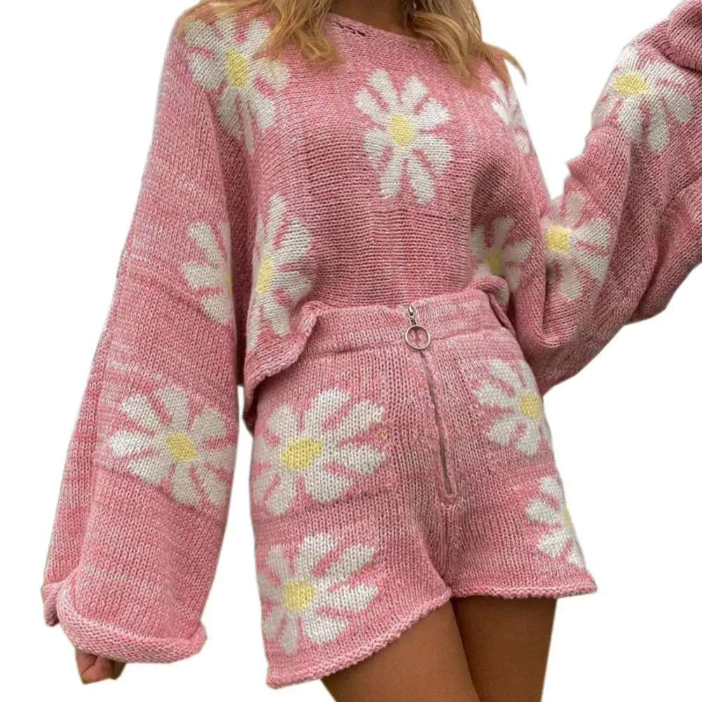 

Zipper Cute Horn Sleeve Sweater Suit Good Workmanship Fall Suit Shorts for Fall