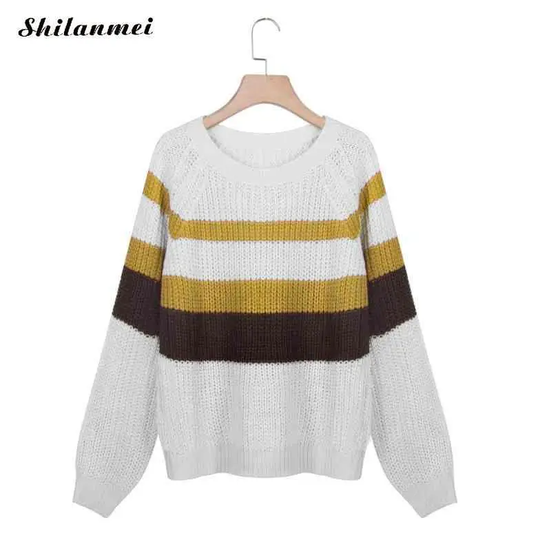 

2019 Autumn Winter Striped Women Sweaters Pullovers White Pink Long Sleeve Female Loose Knitted Pullover Women Casual Knitwear