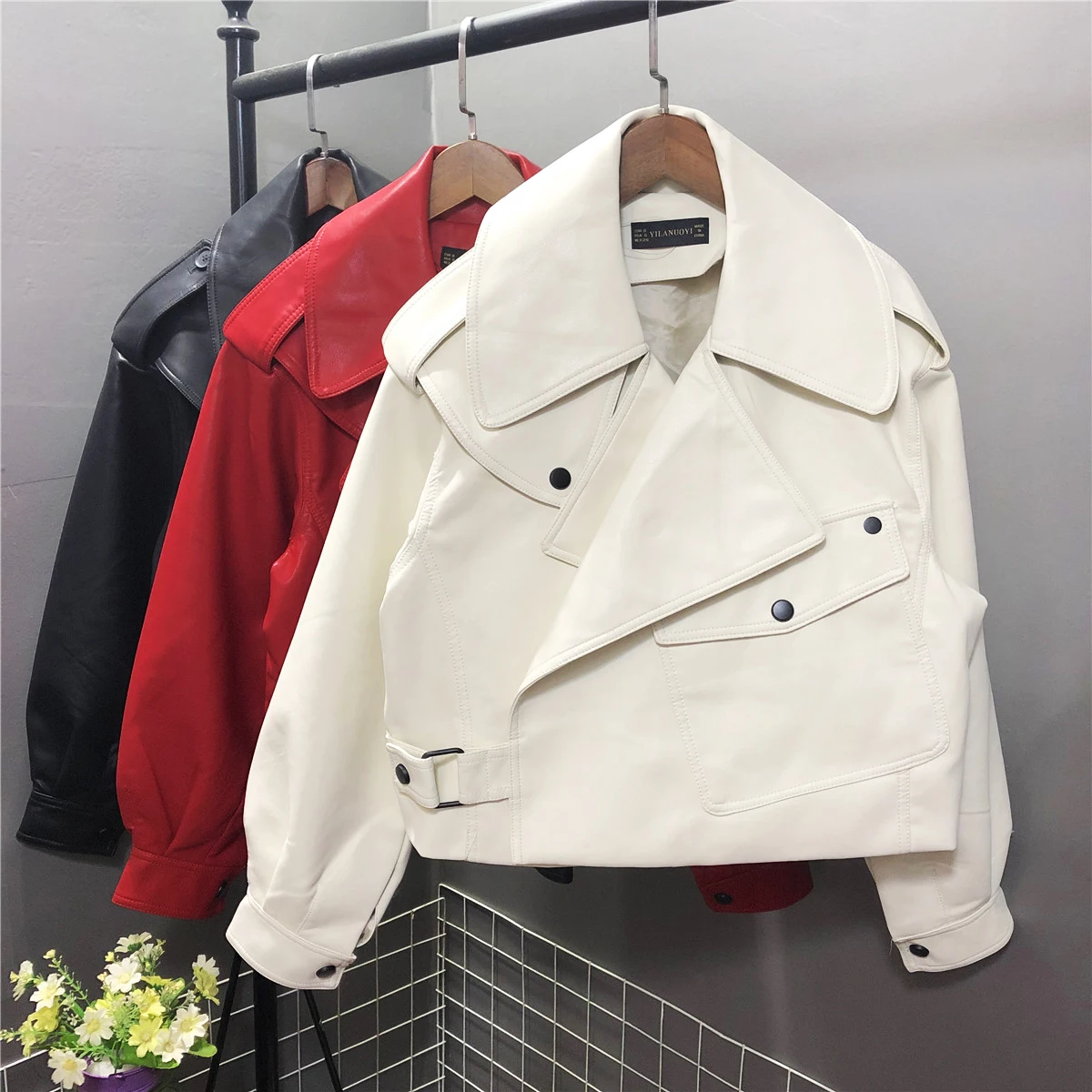 

Women Faux Leather Jacket New Spring Biker Red White Coat Turndown Collar PU Motorcycle Jackets Loose Streetwear Outerwear