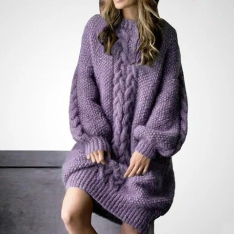 DEAT 2020 autumn and winter new Fashion solid color round neck thick twist loose knit lantern sleeves long dress female PB536 | Женская