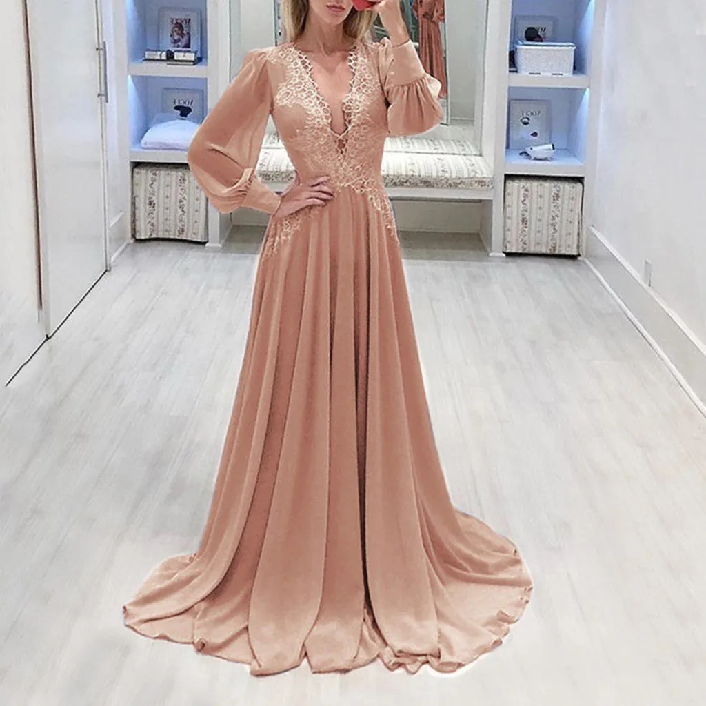 Женское сексуальное однотонное длинное платье с длинным рукавом и V-образным