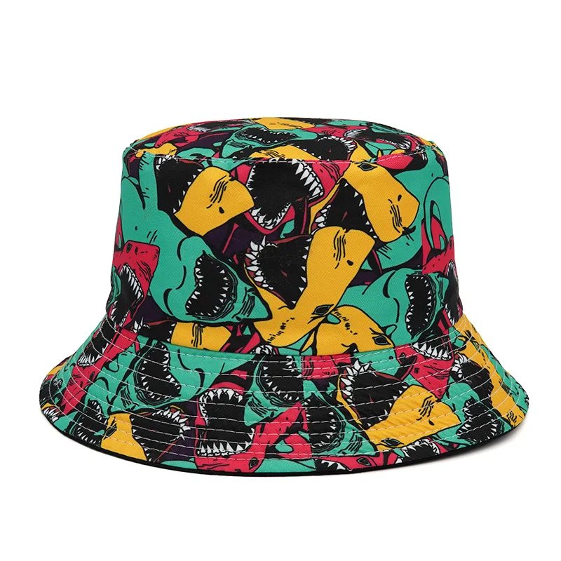 

2021 Four Seasons Cotton Cartoon Shark Print Bucket Hat Fisherman Hat Outdoor Travel Hat Sun Cap Hats for Men and Women 352