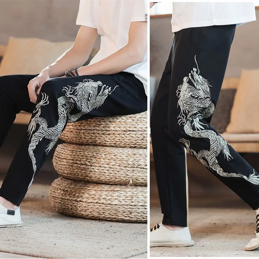 Брюки с вышивкой дракона свободные Азиатская мода уличная одежда кимоно