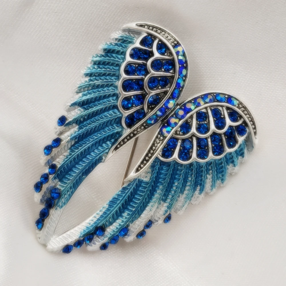 Gothic Vintage AB Crystal Accent Enameled Metallic Blue Angle Wing Brooches Pins Art Nouveau Women Coat Gift Wrap Jewelry | Украшения и