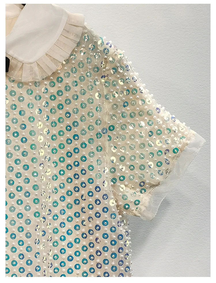 

High Quality Autumn and Winter New Doll Collar Handmade Heavy Beaded Bling Short Sleeve Dress Women