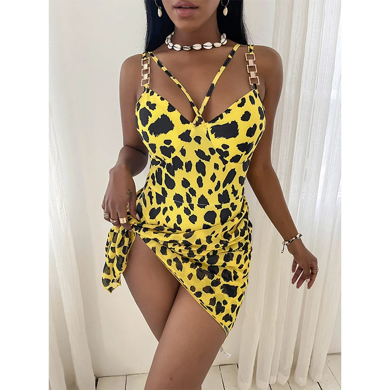

Women Sexy Print Leopard Bikini Swimwear Push Up Chain Strap Cross Beach Wear 2021 Summer Fashion Personality Female Bathing Set