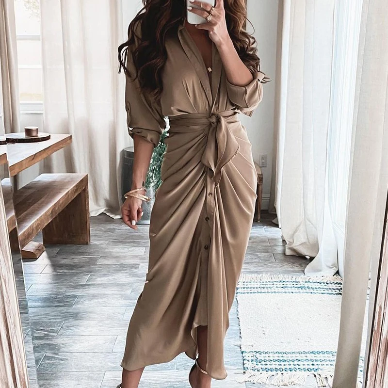 

Long Dress Woman Solid Autumn Casual Women Dresses For Women 2021 Long Sleeve Shirt Dress Button Ankle Length Sashes Sundress