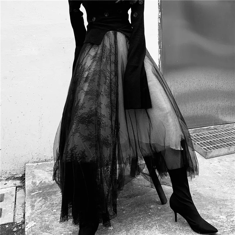 

Women Vintage Lace Stitching Gothic White Black Pleated Maxi Skirts 2021 Female Long Luxury Soft Tulle New Tutu Skirt Petticoat