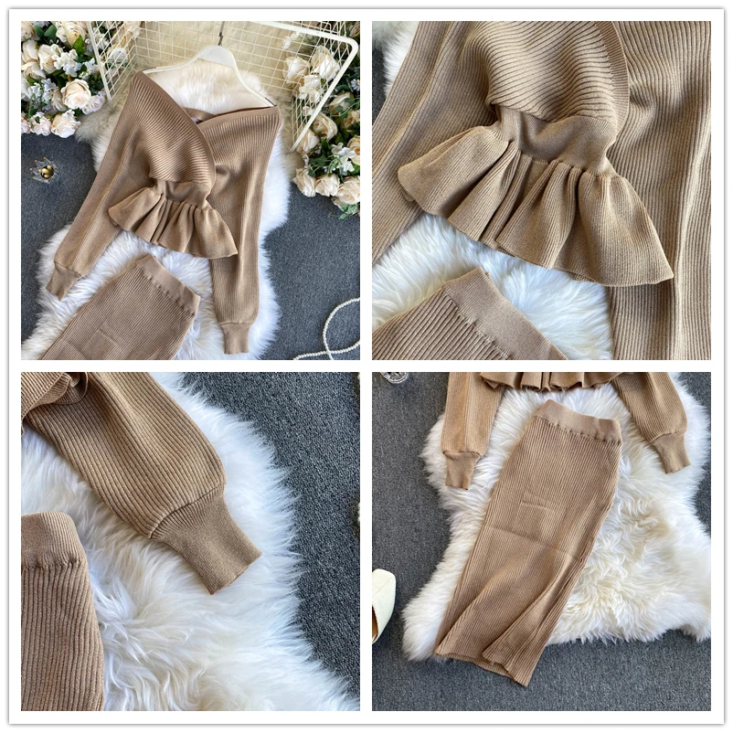 

SINGRAIN Autumn Women Shiny Knitting Skirts Sets Lurex Ruffles Long Sleeves Wool Warm Sweater knitted Two Pieces Set Women