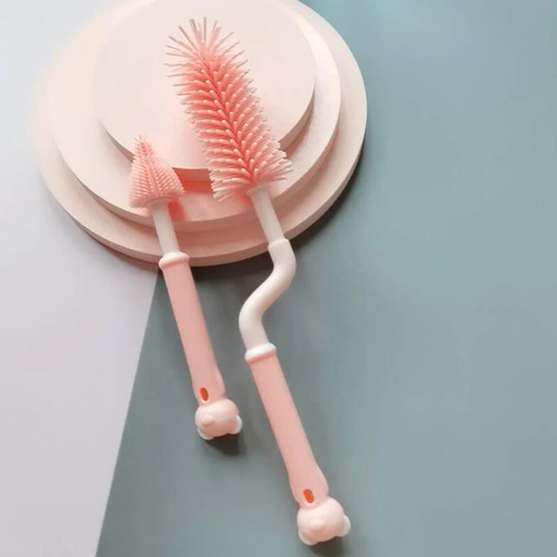 

Cute Cartoon Bear Multifunctional Baby Silicone Feeding Bottle Brush 360 Degree Rotating Baby long-handled Feeding Bottle Brush
