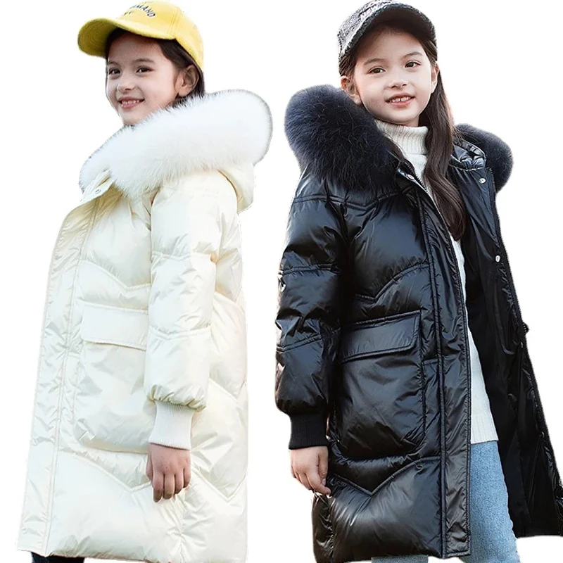 -30 Degree Warm Girls Winter Coat 4 To 12 Years Kids Girl Down Jacket Clothes Winter Parkas Fur Hooded Long Fashion Outwear