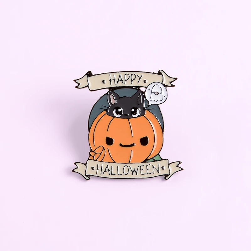 Хэллоуин Тыква булавки и надписью &quotHappy Halloween&quot брошь для вечеринки черного кота
