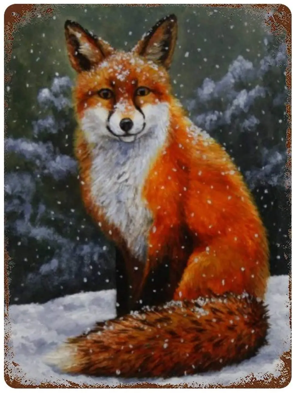 

Metal Wall Card Red Fox Falling Snow Art Poster Home Indoor Living Room Room Decoration Retro Square Metal Plate 8X12 Inch