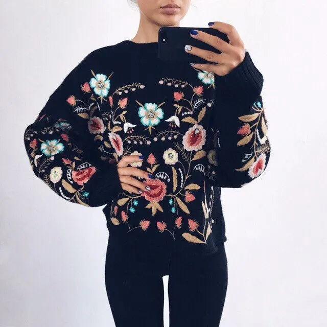 

women pullover sweater black embroidery turtleneck sweaters boho plus large size 2019 autumn winter top knitwear free ship