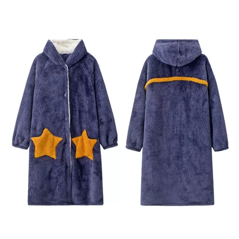 

COSON Winter Warm Hooded Women Homewear Thick Cashmere Mid Long Pajamas Women Fashion Loose Outwear Cute Lady Sleepwear Homewear