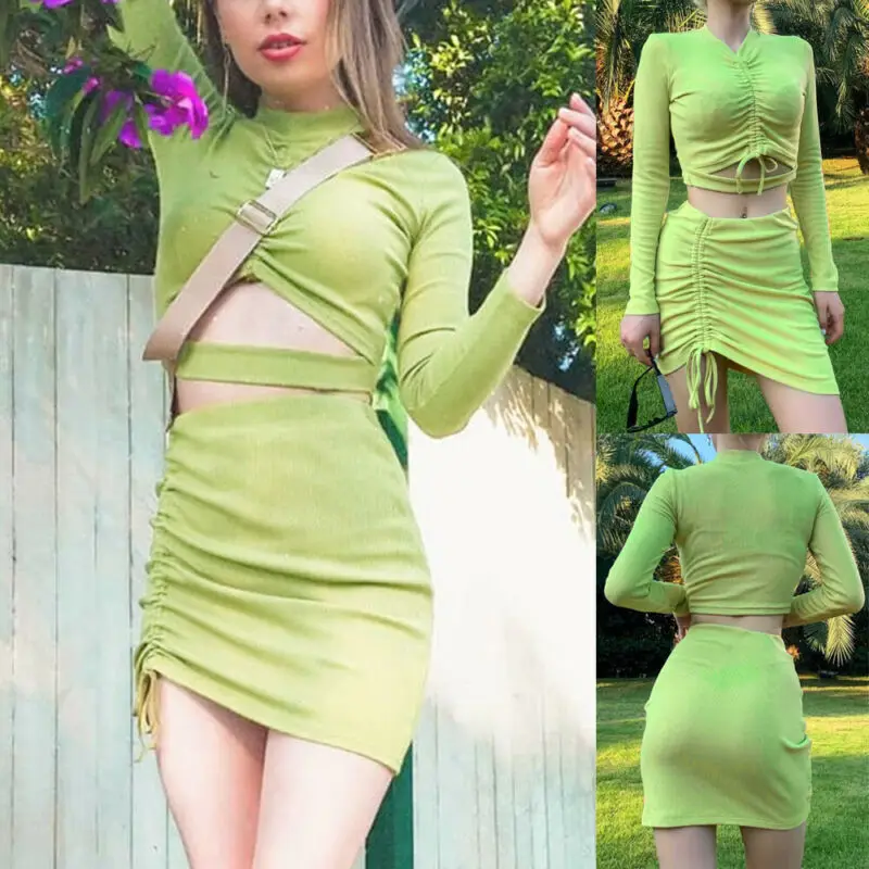 Новые осенние Мода Женский комплект 2 шт. Топ Мини юбка-карандаш зеленого цвета