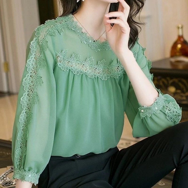 Блузка женская шифоновая с круглым вырезом модная Свободная рубашка в Корейском