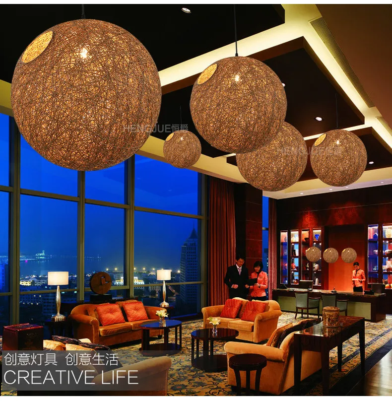 

Creative Retro Rattan Art Spherical Rattan Weaving Hemp Rope Rattan Chandelier For Living Room Bedroom Kitchen Dining Room