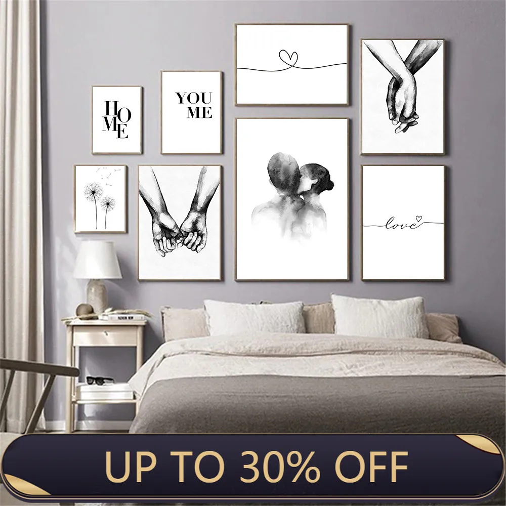 

Couple Holding Hands Poster Line Heart Love Canvas Prints Kiss Abstract Wall Art Painting Quotes Black White Pictures Home Decor