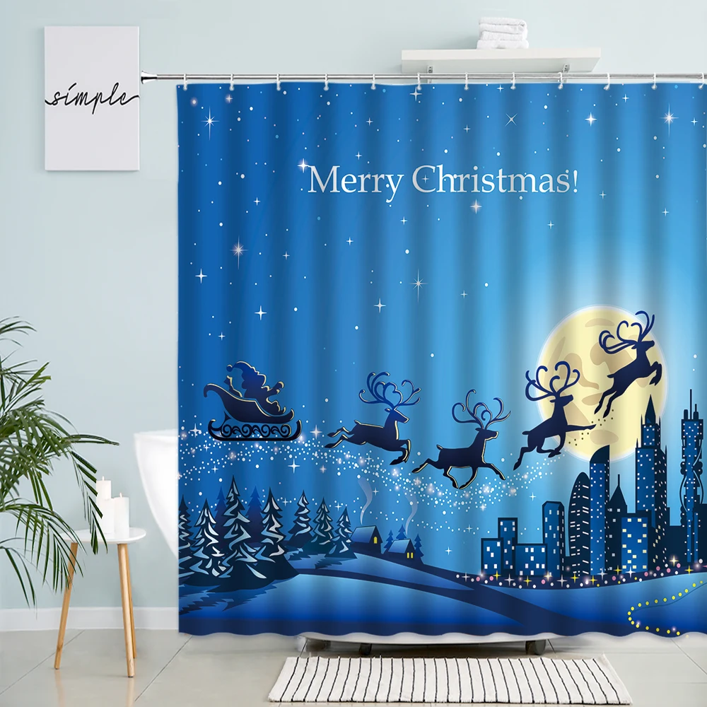 

Синие рождественские занавески для душа в комплекте, мультяшный олень, Санта-Клаус, зима, Рождество, праздник, украшение для дома