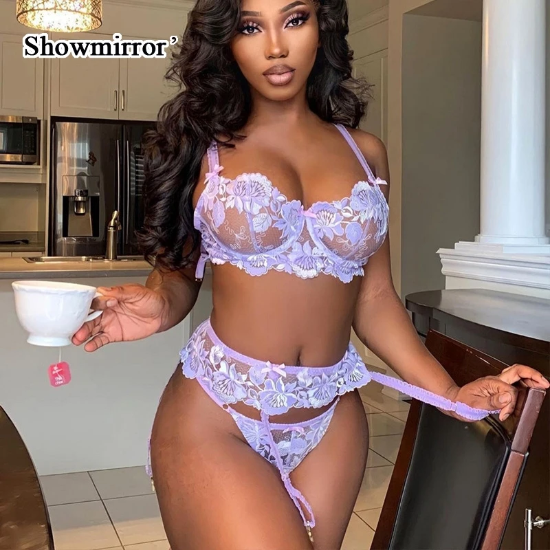 

Showmirror Purple Floral Lingerie Embroidery Underwear Set Fancy Lace Bra Kit Push Up Thongs With Graters Sexy Erotic Brief Sets