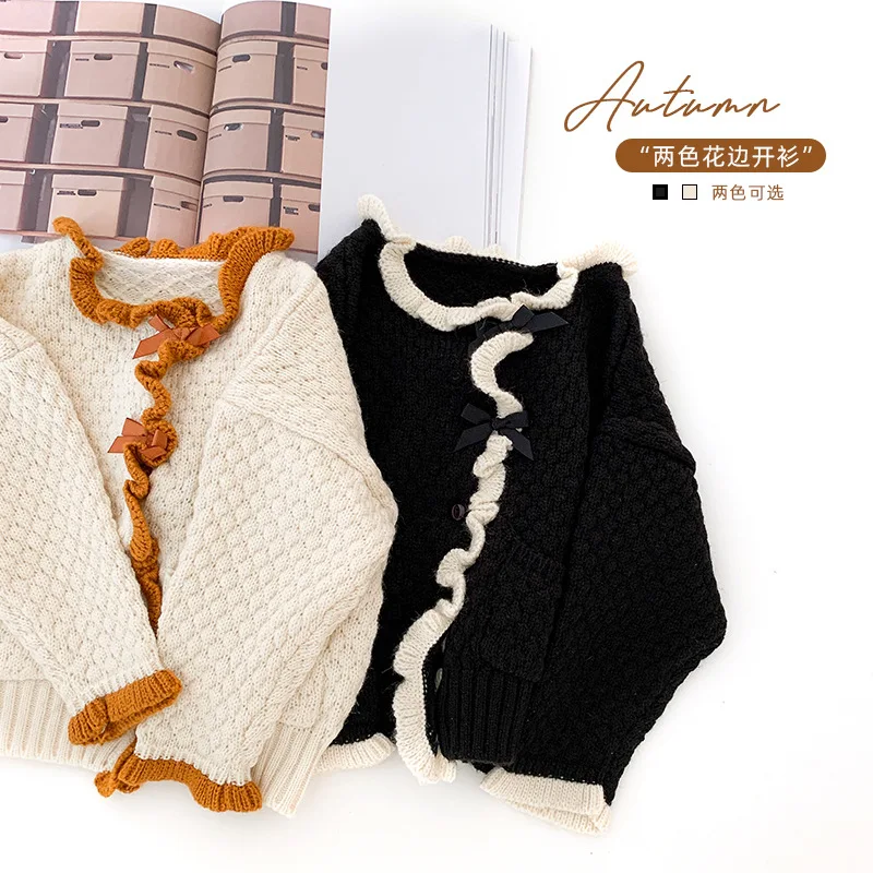 

2020 Autumn New Simple Sweater Cardigan Girl Contrasting Color Lace Coat