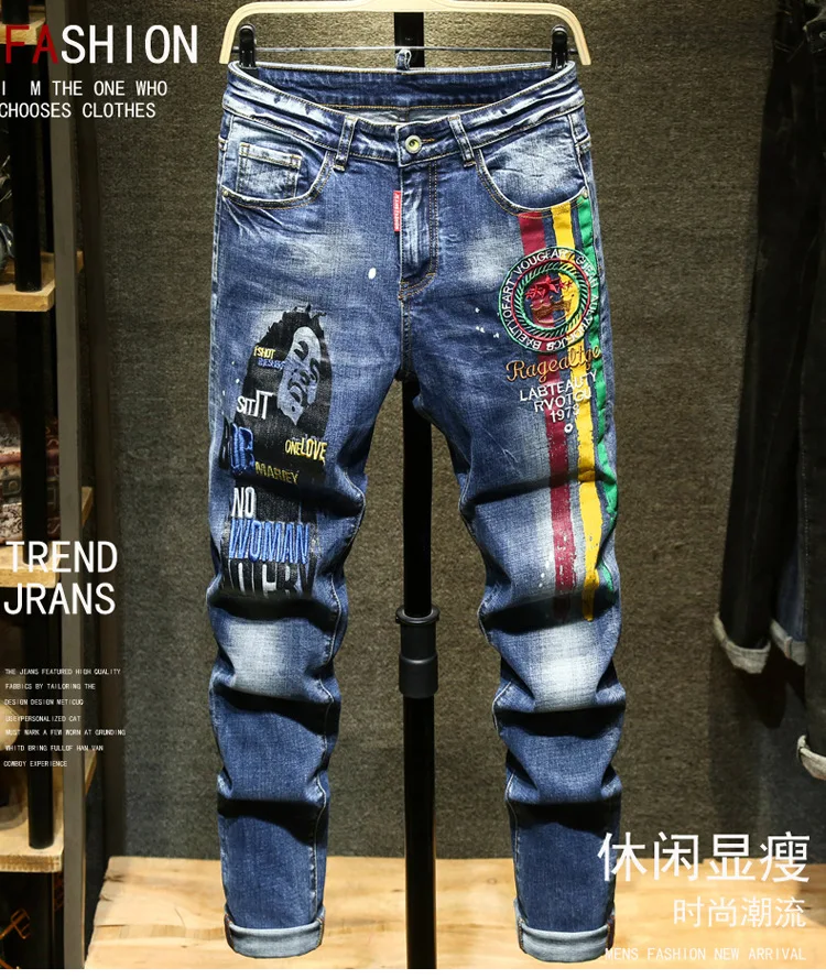 Men's Embroidered Printed Jeans Ripped Fashion Denim Trousers Slim Straight Stretch Young Male Casual Biker Pants High Quality